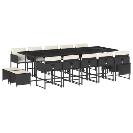 15 Piece Patio Dining Set with Cushions Black Poly Rattan