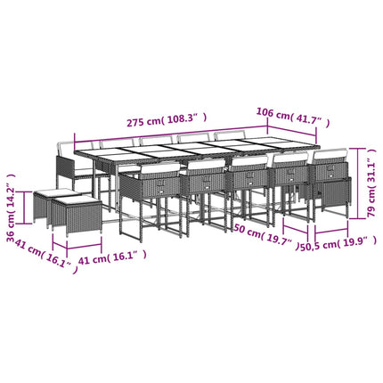 15 Piece Patio Dining Set with Cushions Black Poly Rattan