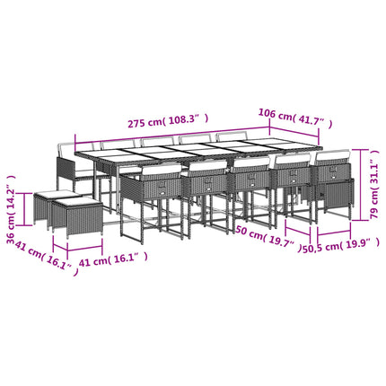 15 Piece Garden Dining Set with Cushions Grey Poly Rattan