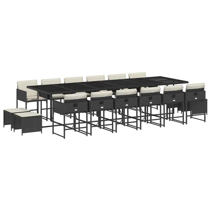17 Piece Patio Dining Set with Cushions Black Poly Rattan