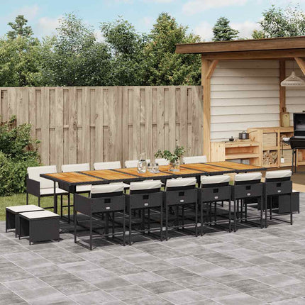 17 Piece Patio Dining Set with Cushions Black Poly Rattan