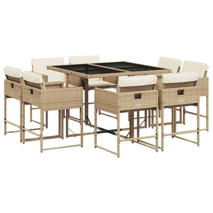 9 Piece Patio Dining Set with Cushions Beige Poly Rattan