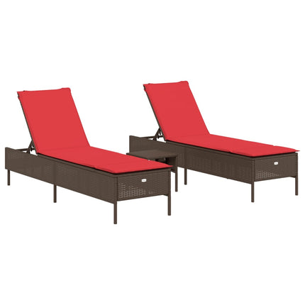 3 Piece Sun Lounger Set with Cushion Brown Poly Rattan