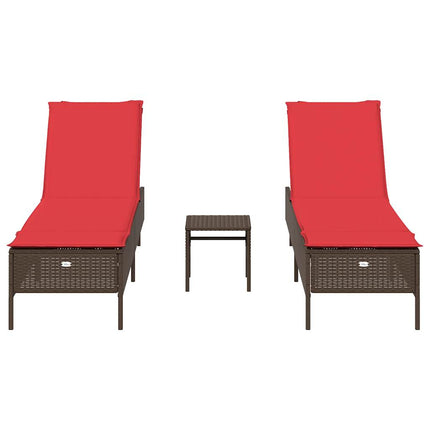 3 Piece Sun Lounger Set with Cushion Brown Poly Rattan