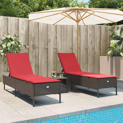 3 Piece Sun Lounger Set with Cushion Brown Poly Rattan