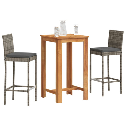 3 Piece Patio Bar Set Gray Solid Wood Acacia and Poly Rattan
