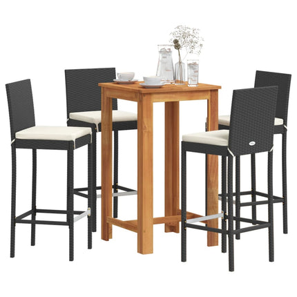 5 Piece Patio Bar Set Black Solid Wood Acacia and Poly Rattan