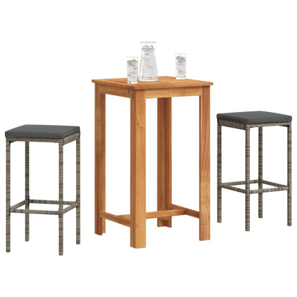 3 Piece Patio Bar Set Gray Solid Wood Acacia and Poly Rattan