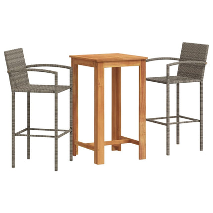 3 Piece Patio Bar Set Gray Solid Wood Acacia and Poly Rattan