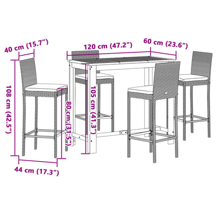 5 Piece Patio Bar Set Black Solid Wood Acacia and Poly Rattan