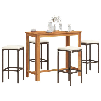 5 Piece Patio Bar Set Brown Solid Wood Acacia and Poly Rattan