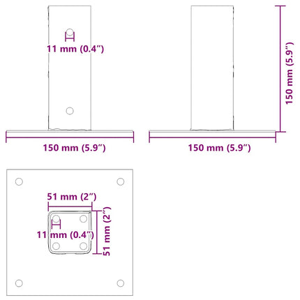 Post Bases Square 4 pcs Anthracite 2.01x2.01" Powder-coated Steel
