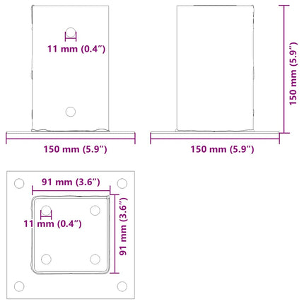 Post Bases Square 12 pcs Anthracite 3.58x3.58" Powder-coated Steel