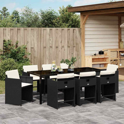 Garden Dining Set with Cushion 9 pcs Black Poly Rattan