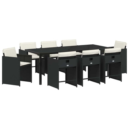 Garden Dining Set with Cushion 9 pcs Black Poly Rattan