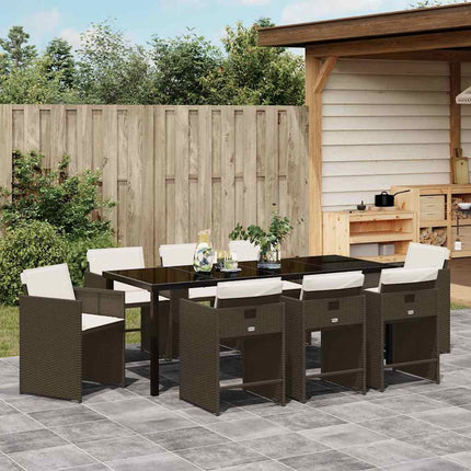 Garden Dining Set with Cushion 9 pcs Brown Poly Rattan