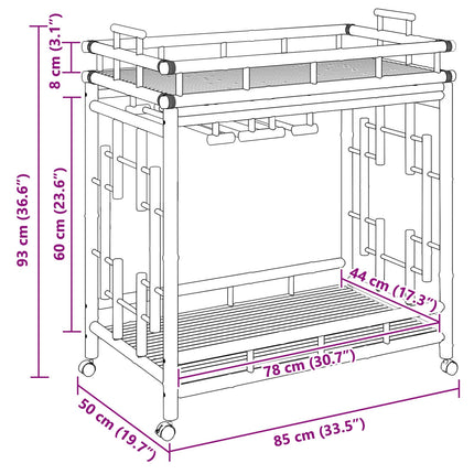 Wine Trolley with Wheels Natural 33.46 x 19.69 x 36.61 in