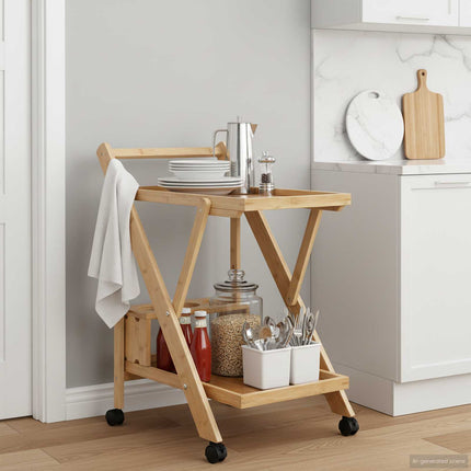 Kitchen Trolley with Wheels Folding Manual Light Brown Bamboo