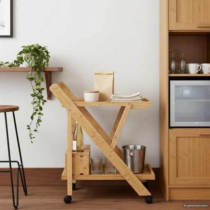Kitchen Trolley with Wheels Folding Manual Light Brown Bamboo
