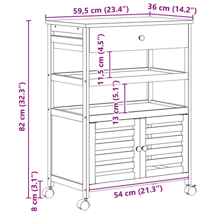 Kitchen Trolley with Wheels Natural 23.43 x 14.17 x 32.28 in